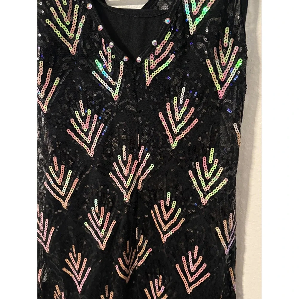 Weissman LC Black Iridescent Sequin Fringe Flapper Dance Costume